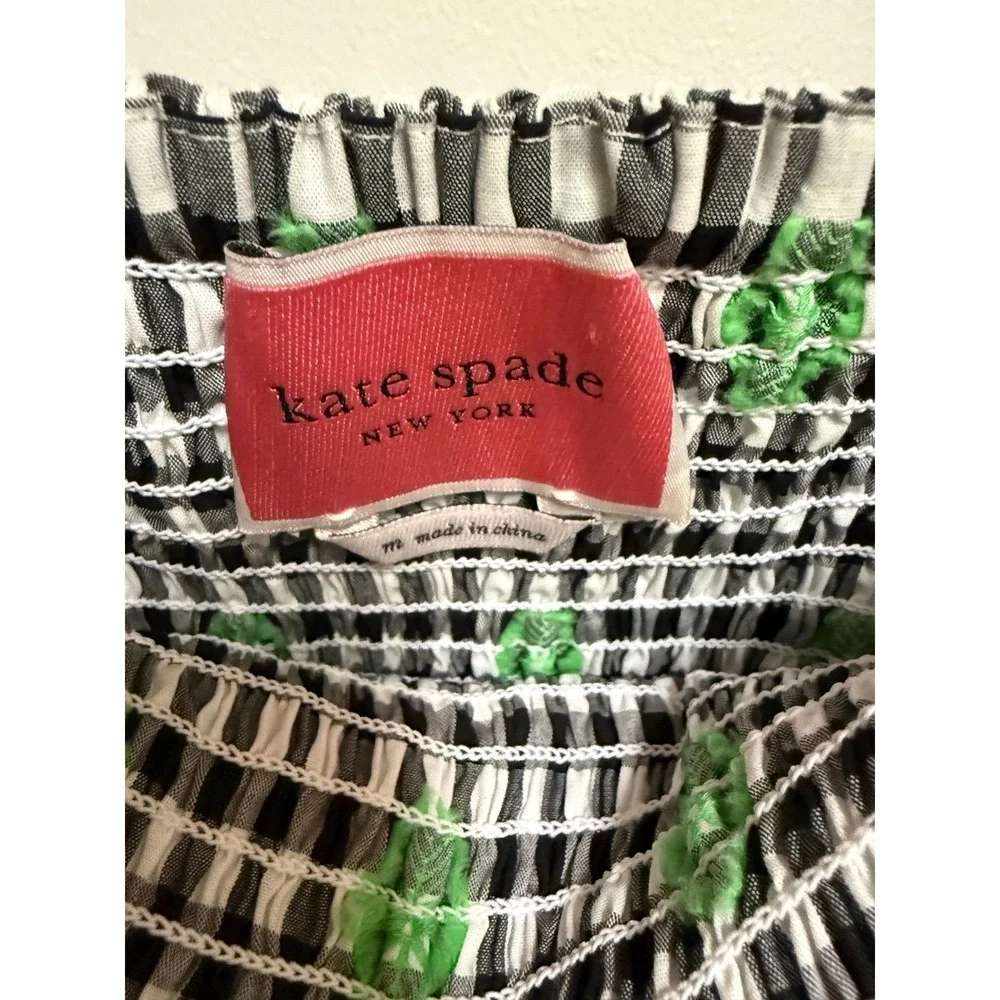 Kate Spade New York Gingham Voile Smocked Dress Black White Green Floral Plaid M